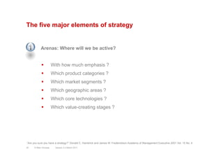 The five major elements of strategy
Arenas: Where will we be active?
§  With how much emphasis ?
§  Which product categories ?
§  Which market segments ?
§  Which geographic areas ?
§  Which core technologies ?
§  Which value-creating stages ?
Version 3.2 March 201130 © Marc Sniukas
“Are you sure you have a strategy?” Donald C. Hambrick and James W. Frederickson Academy of Management Executive 2001 Vol. 15 No. 4
1
 