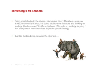 Mintzberg‘s 10 Schools
§  Being unsatisfied with the strategy discussion, Henry Mintzberg, professor
at McGill University Canda, set out to structure the literature and thinking on
strategy. He discovered 10 different schools of thought on strategy, arguing
that every one of them describes a specific part of strategy.
§  Just like the blind men describe the elephant….
Version 3.2 March 2011© Marc Sniukas6
 