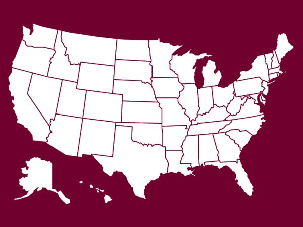 maroon and white colored map of the united states of america