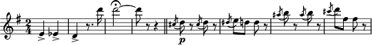  \relative c'' {  \key g \major \time 2/4 
e,4-> es-> | d-> r8. d''16 | d2\fermata~ d8 r r4 \bar "||" 
\acciaccatura { cis,8 } d8\p r \acciaccatura { cis8 } d8 r | \acciaccatura { dis8 } e8 d d r | 
\acciaccatura { ais'8 } b8 r \acciaccatura { ais8 } b8 r | \acciaccatura { cis8 } d8 fis, fis r  }