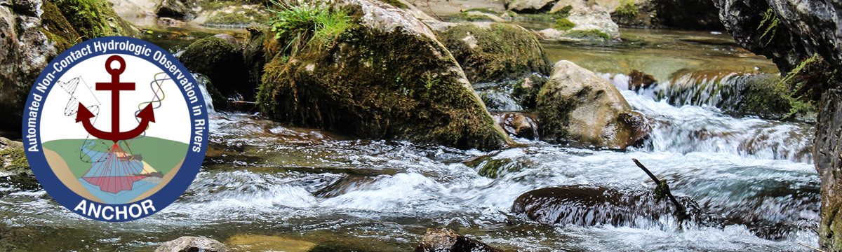 Water rushing over rocks covered in algae. A logo for the project is on the left side of the image.