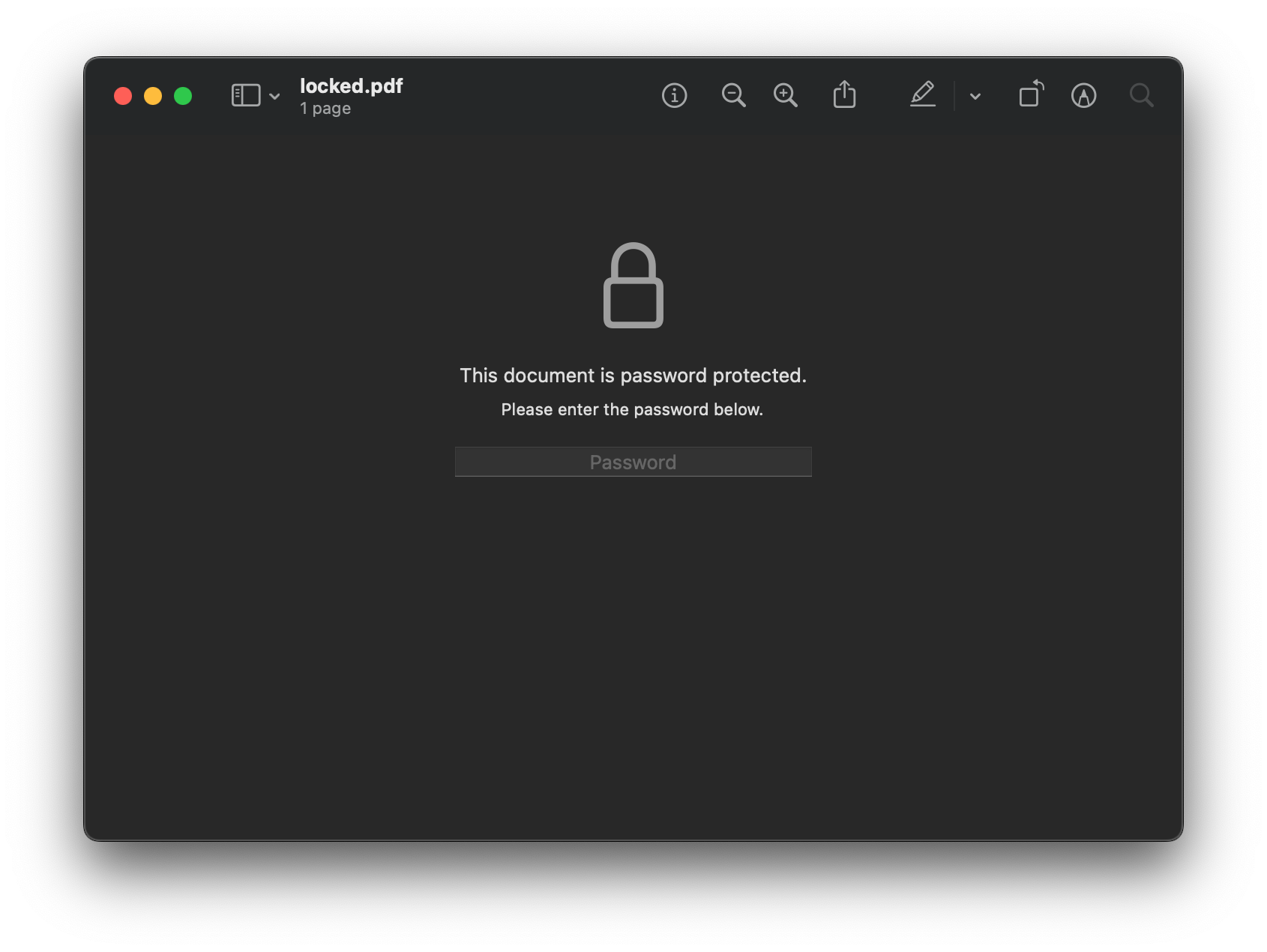 Screenshot of macOS' Preview application, opening a PDF with a user password set.  A dialog in the foreground informs the user that the document is locked, and provides a text box for entry of the user (or owner) password.