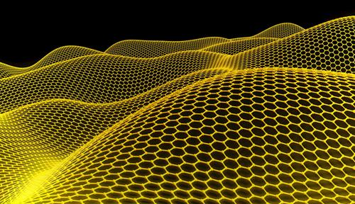 Illustration shows a molecule of graphene shaped like a thin sheet, colored yellow and undulating like rolling hills