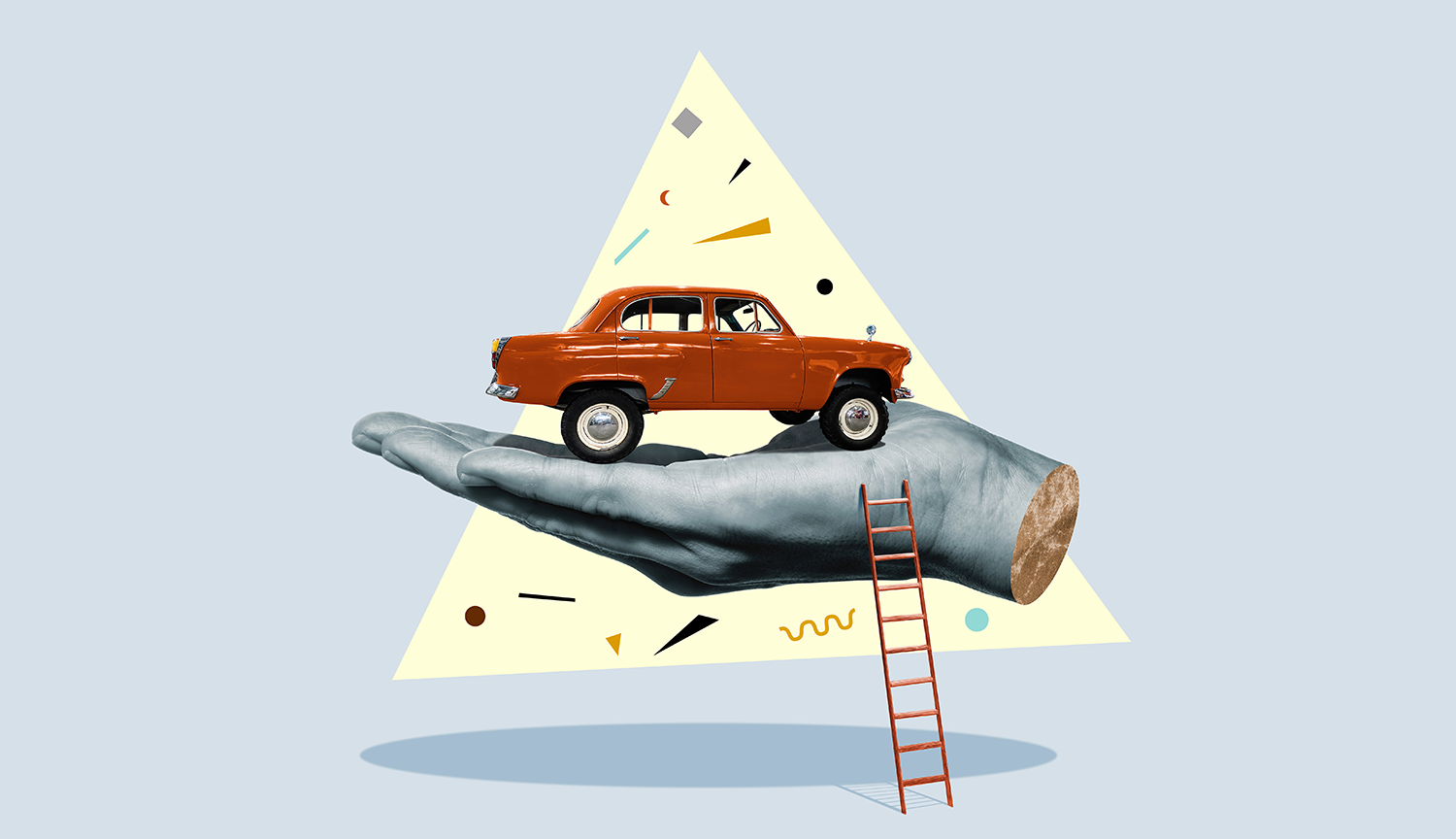 Illustration shows a hand holding a 1960s-era car.