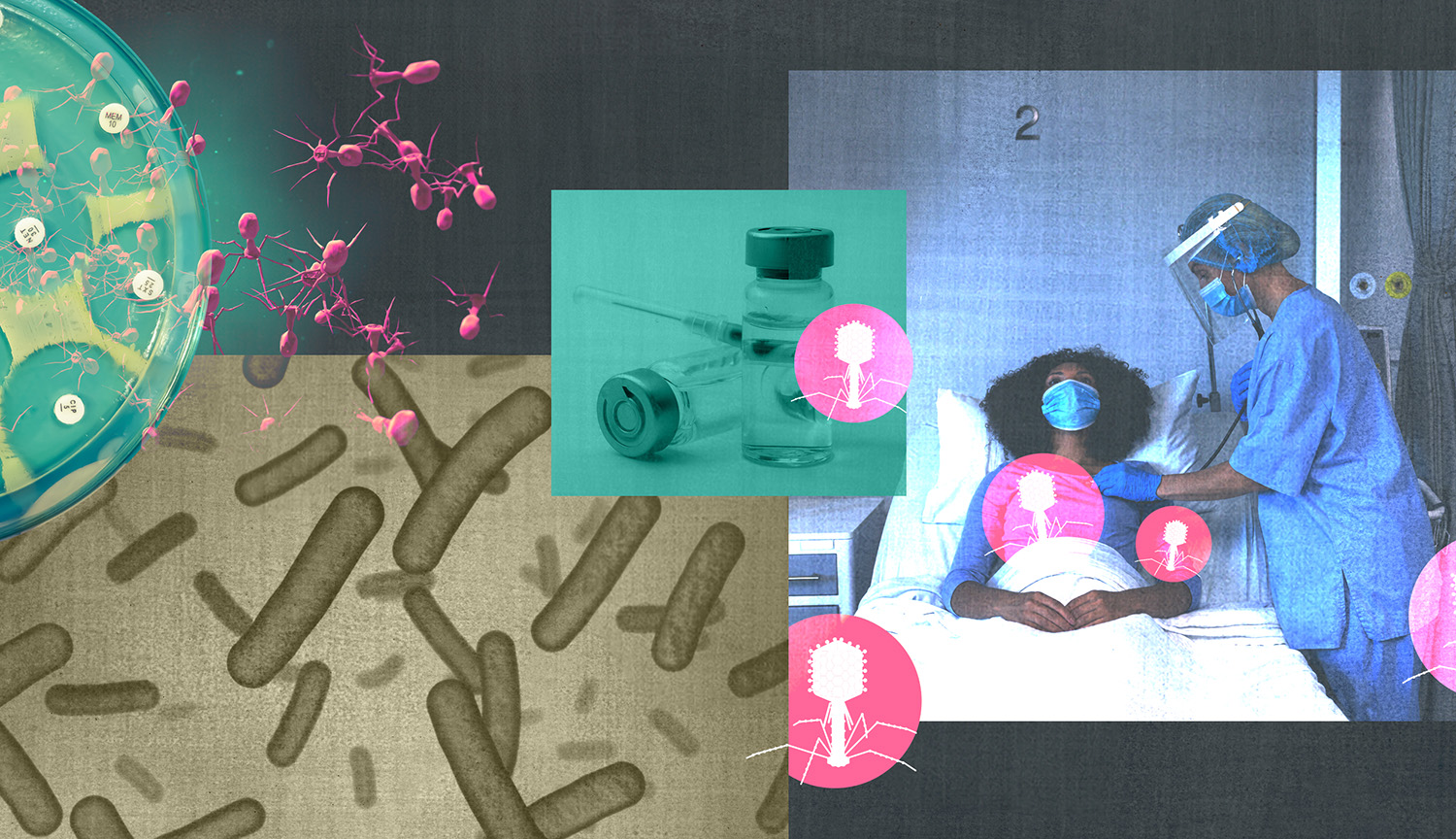 Collage with images of hospital, bacteria, viruses, patient and health-care worker.