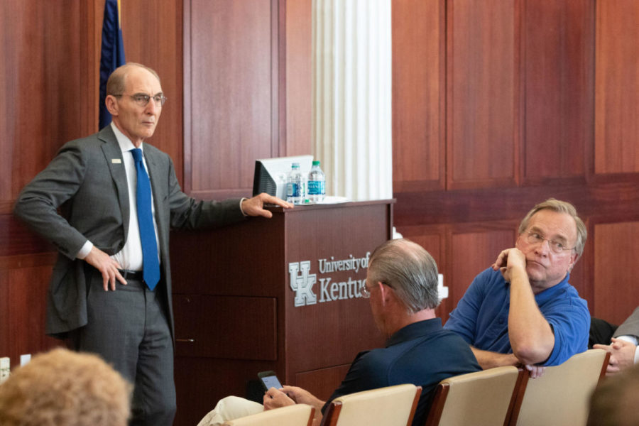 University of Kentucky President Eli Capilouto met with faculty from the College of Communication and Information on Friday, Sept. 21, 2018 in Lexington, Kentucky. Photo by Michael Clubb | Staff