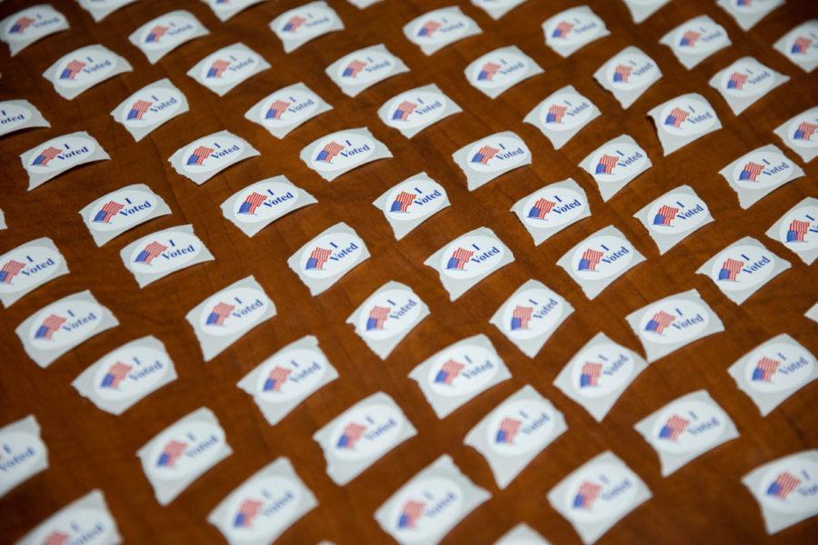 "I Voted" stickers are laid out for voters on Tuesday, Nov. 3, 2020, at a polling place in Lexington, Kentucky. Photo by Jack Weaver | Staff