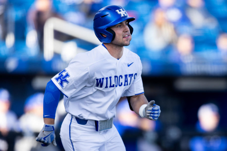 Kentucky Wildcats outfielder Ryan Waldschmidt (21) runs to first base during the Kentucky vs. Evansville home opener baseball game on Tuesday, Feb. 21, 2023, at Kentucky Proud Park in Lexington, Kentucky. Kentucky won 6-3. Photo by Jack Weaver | Staff