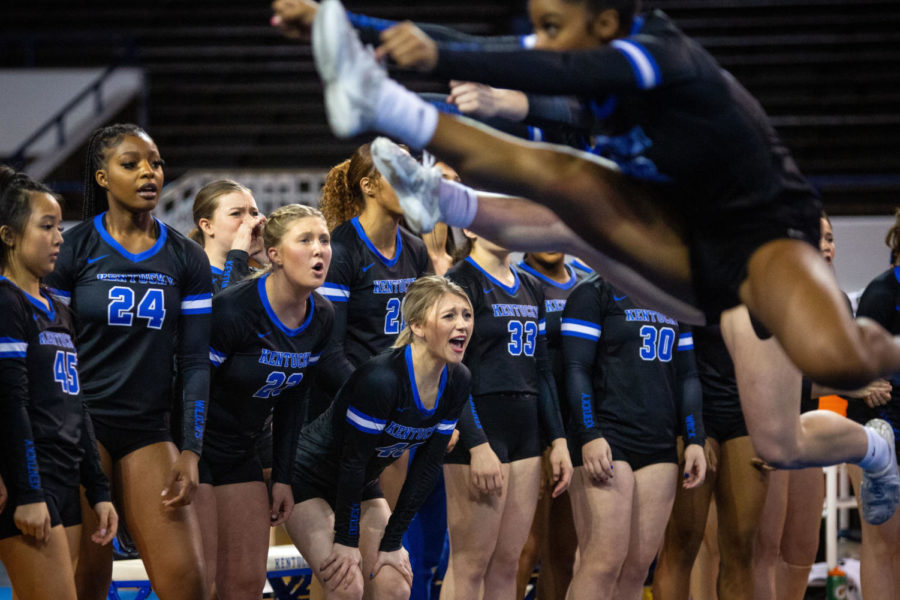 Kentucky players cheer on their teammates during the Kentucky vs. Michigan State STUNT game on Saturday, March 4, 2023, at Memorial Coliseum in Lexington, Kentucky. Michigan State won 15-14. Photo by Samuel Colmar | Staff