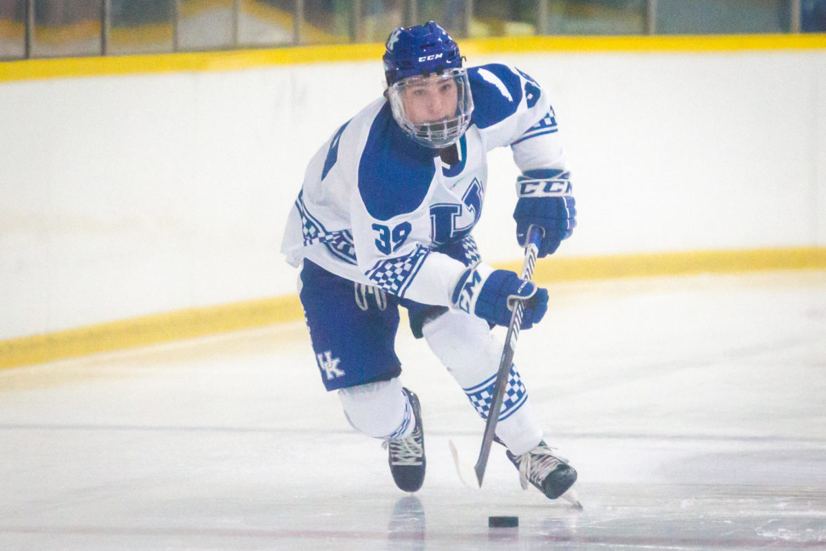 Kentucky center Cameron Chabot (39) skates with the puck during the Kentucky vs. Boston University hockey game on Saturday, Sept. 16, 2023, at the Lexington Ice and Recreation center in Lexington, Kentucky. Kentucky lost 3-4. Photo by Samuel Colmar | Staff