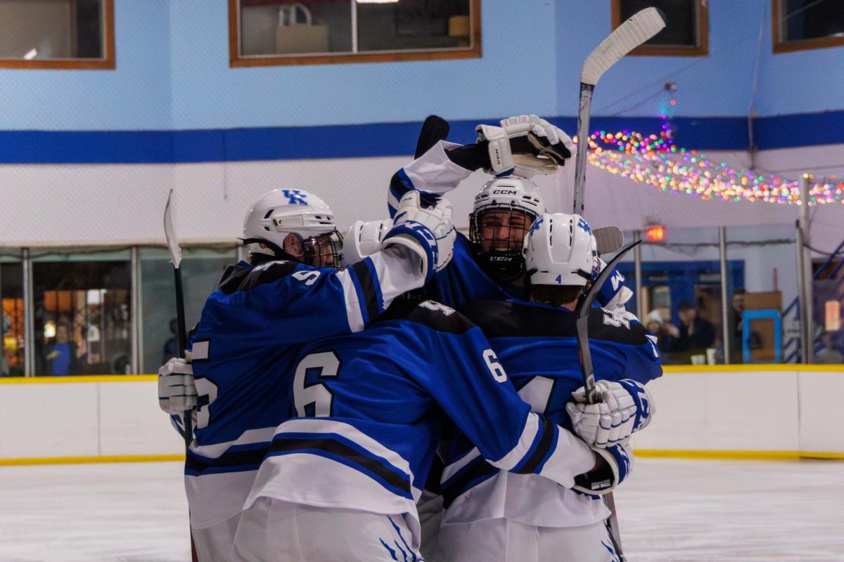 Members of the Kentucky hockey team celebrate during the Kentucky vs. Michigan hockey game on Saturday, Feb. 3, 2023, at the Lexington Ice and Recreation center in Lexington, Kentucky. Kentucky won 4-1. Photo by Matthew Mueller | Staff