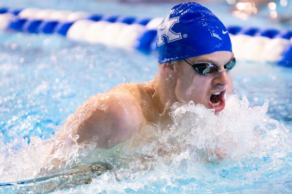 A Kentucky men's swimmer competes during the Kentucky Swim & Dive Senior Night and meet against the University of Cincinnati on Friday, Feb. 2, 2024, at the Lancaster Aquatic Center in Lexington, Kentucky. Kentucky Men's swim & dive won 186-111, while Kentucky Women's swim & dive won 207-93. Photo by Samuel Colmar | Staff