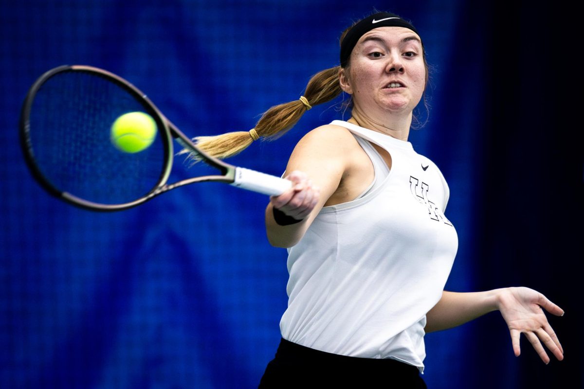 Kentucky senior Elizabeth Stevens hits the ball during the Kentucky vs Wichita State women's tennis match on Friday, Feb. 9, 2024, at the Hilary J. Boone Tennis Complex in Lexington, Kentucky. Kentucky won 5-2. Photo by Samuel Colmar | Staff