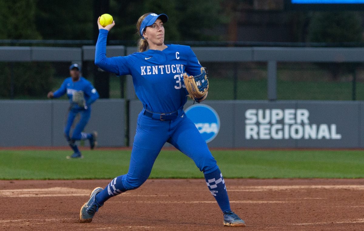 Kentucky infielder Grace Lorsung (33) prepares to throw the ball after fielding it during the No. 21 Kentucky vs. Bellarmine softball match  on Wednesday, March 6, 2024 at John Cropp Stadium  in Lexington, Kentucky. Kentucky won 3-1. Photo by Christian Kantosky | Staff