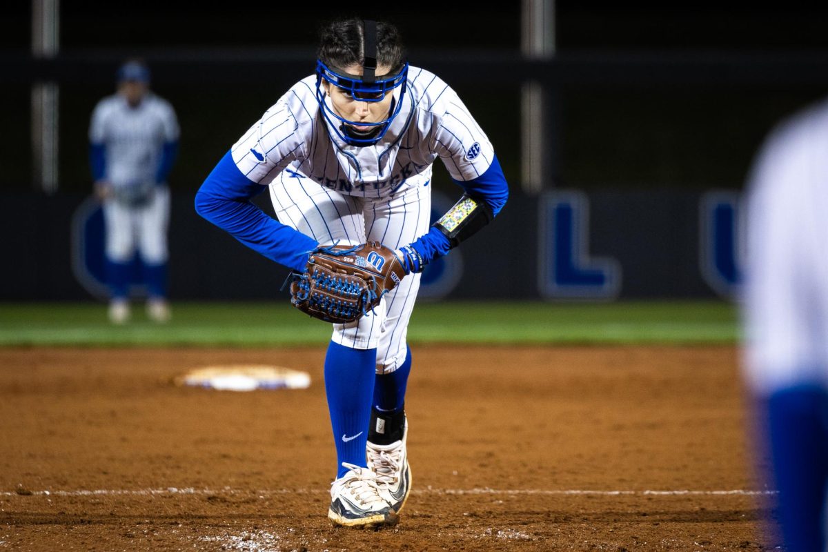 Kentucky pitcher Alexia Lacatena (35) prepares to pitch the ball during the No. 21 Kentucky vs. No. 3 LSU softball match on Friday, March 8, 2024, at John Cropp Stadium in Lexington, Kentucky. Kentucky lost 6-2. Photo by Samuel Colmar | Staff