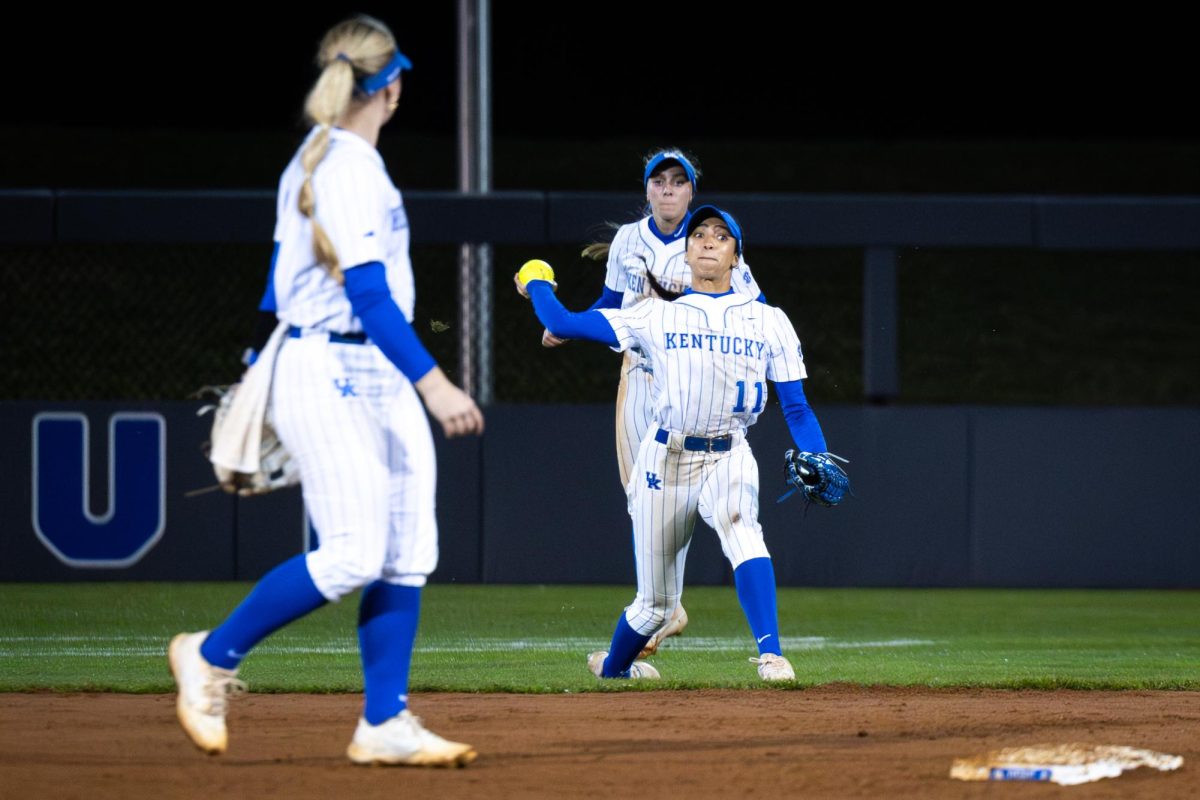 Kentucky outfielder Vanessa Nesby prepares to throw the ball towards home during the No. 21 Kentucky vs. No. 3 LSU softball match on Friday, March 8, 2024, at John Cropp Stadium in Lexington, Kentucky. Kentucky lost 6-2. Photo by Samuel Colmar | Staff