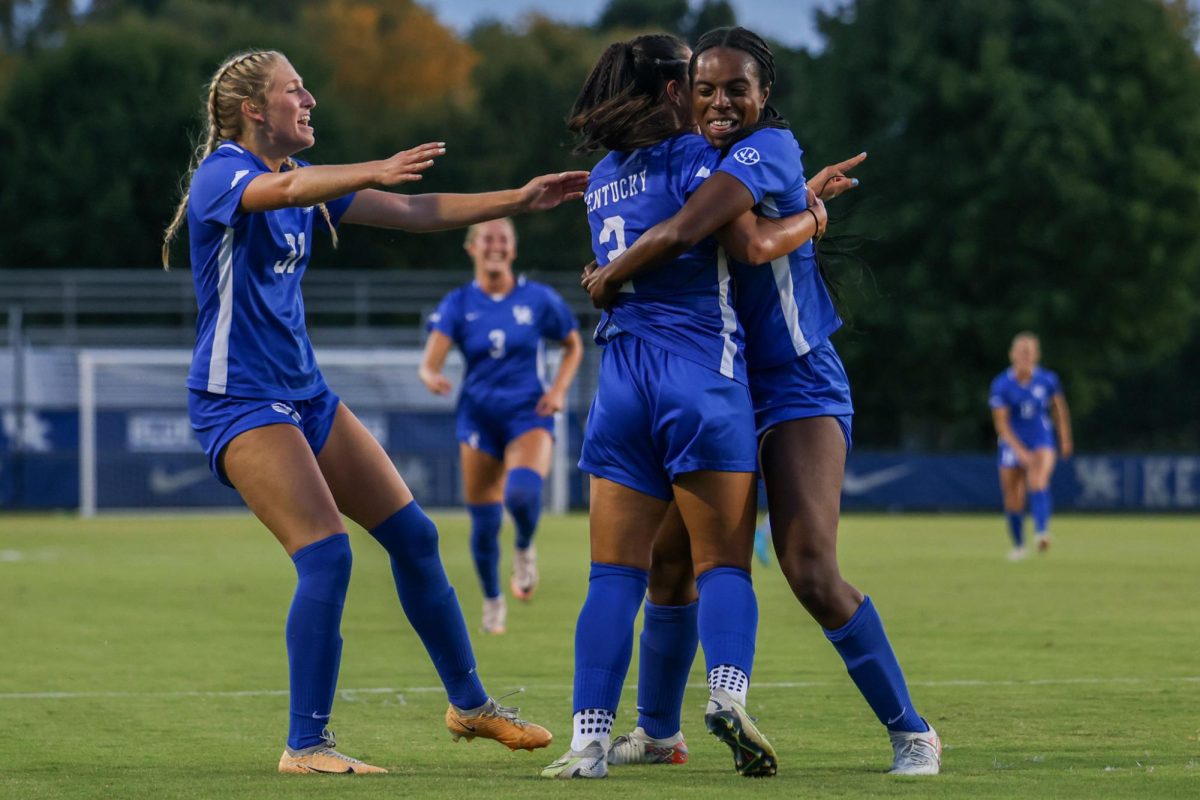 Kentucky forwards Makala Woods, Alexis Tylenda, and Maddie Kemp celebrate a goal during the Kentucky vs. Kent State women’s soccer game on Friday, Sept. 13, 2024, at Wendell and Vickie Bell soccer complex in Lexington, Kentucky. Kentucky won 3-1. Photo by Sydney Yonker | Staff