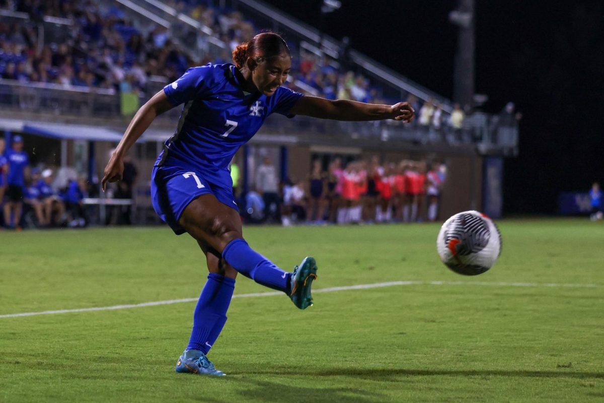 Kentucky forward Mia Bookhard kicks the ball during the Kentucky vs. Kent State women’s soccer game on Friday, Sept. 13, 2024, at Wendell and Vickie Bell soccer complex in Lexington, Kentucky. Kentucky won 3-1. Photo by Sydney Yonker | Staff