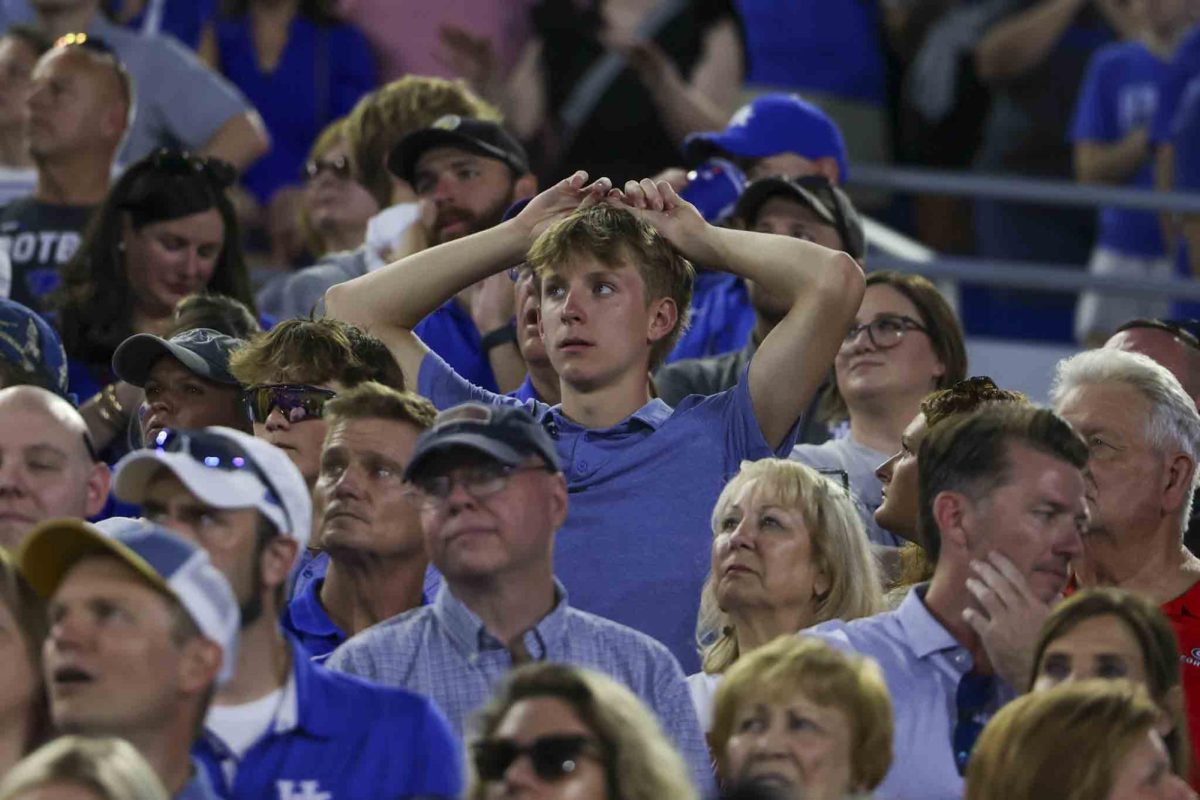 Kentucky fan reacts to a call during the game between Kentucky and Georgia on Saturday, Sept. 14, 2024, at Kroger Field in Lexington, Kentucky. Kentucky lost to Georgia 13-12. Photo by Sydney Yonker | Staff