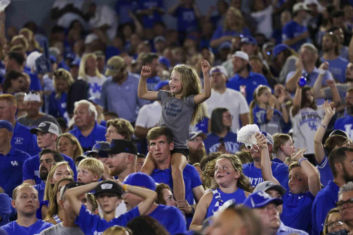 A Kentucky fan cheers on the Wildcats during the game between Kentucky and Georgia on Saturday, Sept. 14, 2024, at Kroger Field in Lexington, Kentucky. Kentucky lost to Georgia 13-12. Photo by Sydney Yonker | Staff