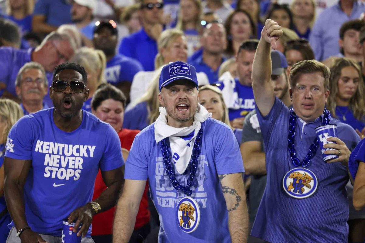 Kentucky Wildcats fans disagree with a call during the game between Kentucky and Georgia on Saturday, Sept. 14, 2024, at Kroger Field in Lexington, Kentucky. Kentucky lost to Georgia 13-12. Photo by Sydney Yonker | Staff