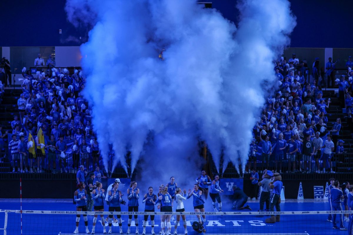 Kentucky runs onto the court during the Kentucky vs. Louisville volleyball game on Wednesday, Sept. 18, 2024, at Memorial Coliseum in Lexington, Kentucky. Kentucky lost 3-1. Photo by Sydney Yonker | Staff