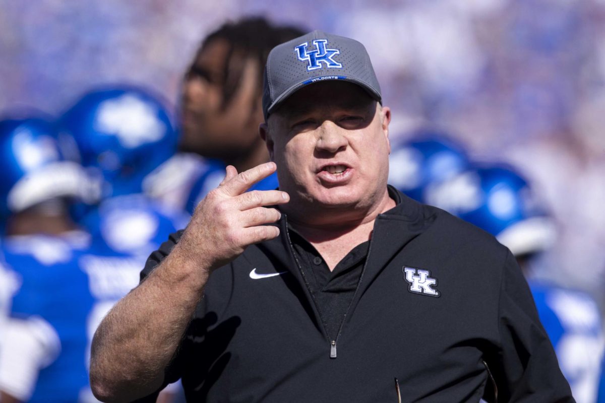 Kentucky head coach Mark Stoops speaks to a game official during the game between Kentucky and South Carolina. Kentucky lost to South Carolina 31-6. Saturday, Sept. 7, 2024, at Kroger Field in Lexington, Kentucky. Photo by Matthew Mueller | Photo Editor