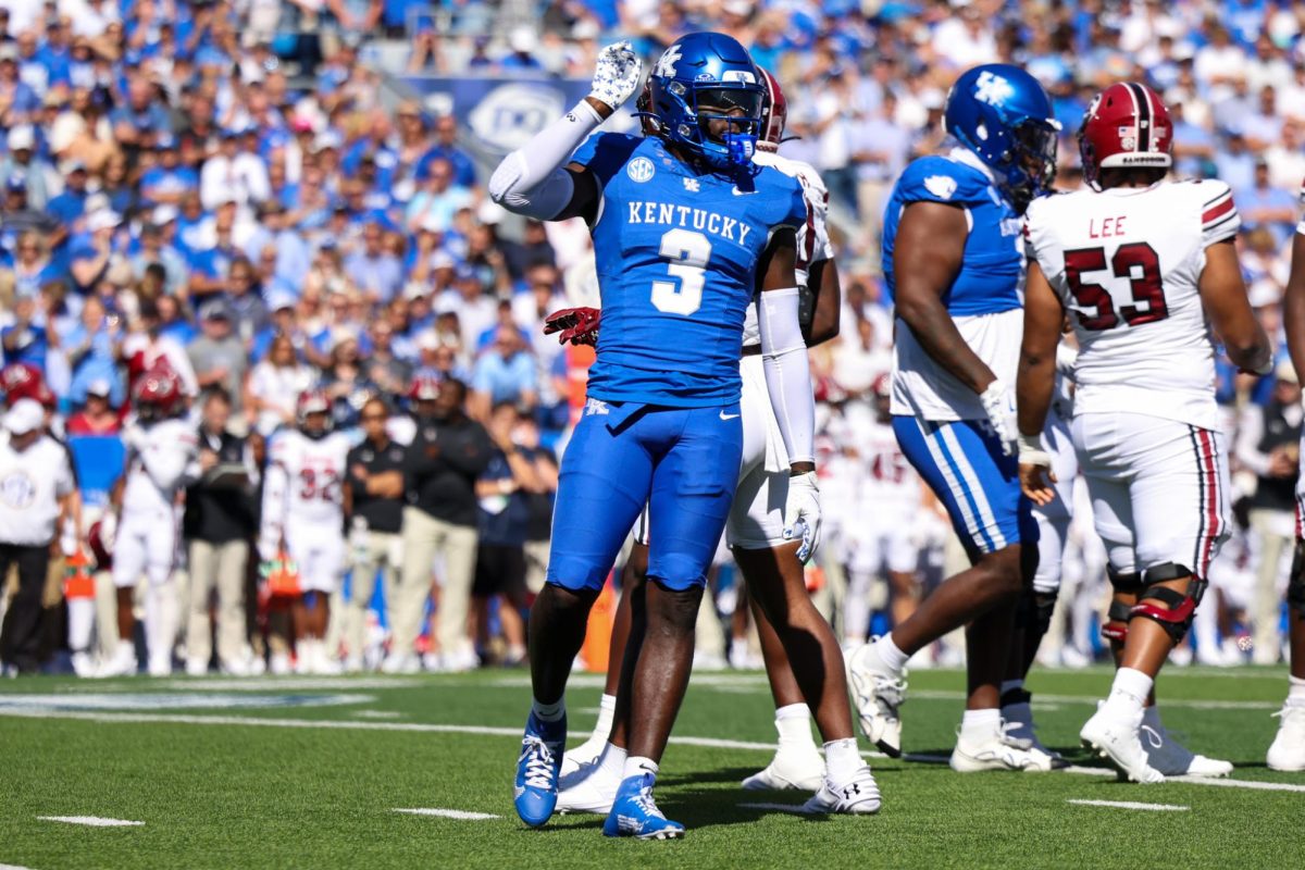 Kentucky defensive back Alex Afari Jr. waves his finger during the Kentucky vs Southern Carolina football game on Saturday, Sept. 7, 2024, at Kroger Field in Lexington Kentucky. Kentucky lost 31-6. Photo by Sydney Yonker | Staff