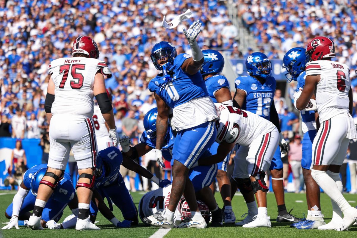 Kentucky defensive tackle Deone Walker throws a South Carolina towel during the Kentucky vs Southern Carolina football game on Saturday, Sept. 7, 2024, at Kroger Field in Lexington Kentucky. Kentucky lost 31-6. Photo by Sydney Yonker | Staff