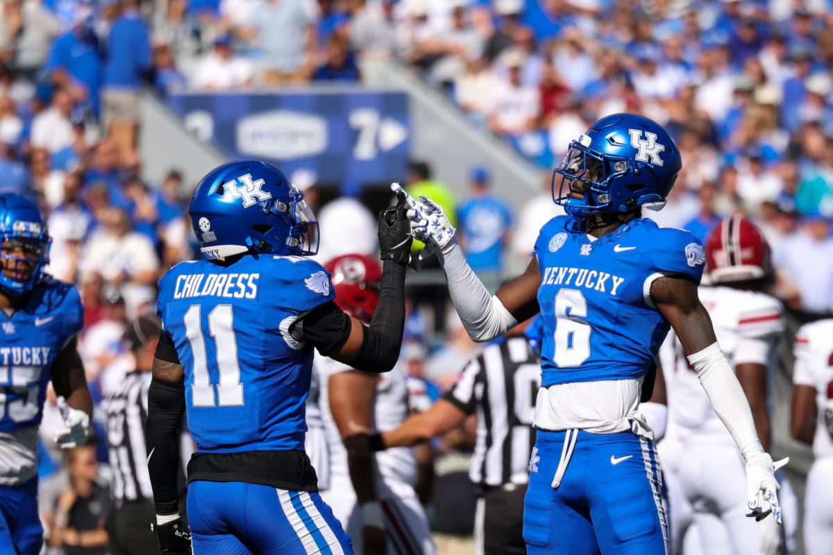 Kentucky defensive backs Zion Childress and Jonquis “JQ” Hardway celebrate a stop during the Kentucky vs Southern Carolina football game on Saturday, Sept. 7, 2024, at Kroger Field in Lexington Kentucky. Kentucky lost 31-6. Photo by Sydney Yonker | Staff