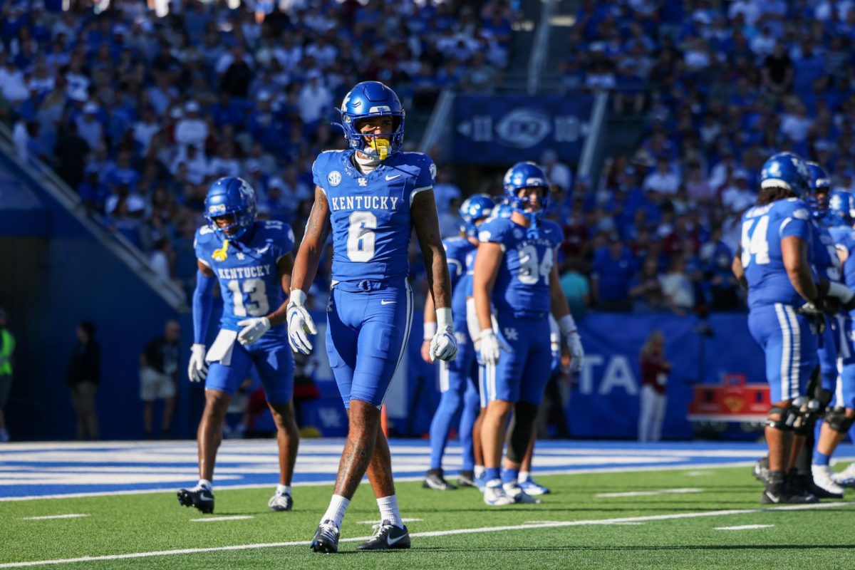 Kentucky wide receiver Dane Key looks for instructions during the Kentucky vs Southern Carolina football game on Saturday, Sept. 7, 2024, at Kroger Field in Lexington Kentucky. Kentucky lost 31-6. Photo by Sydney Yonker | Staff