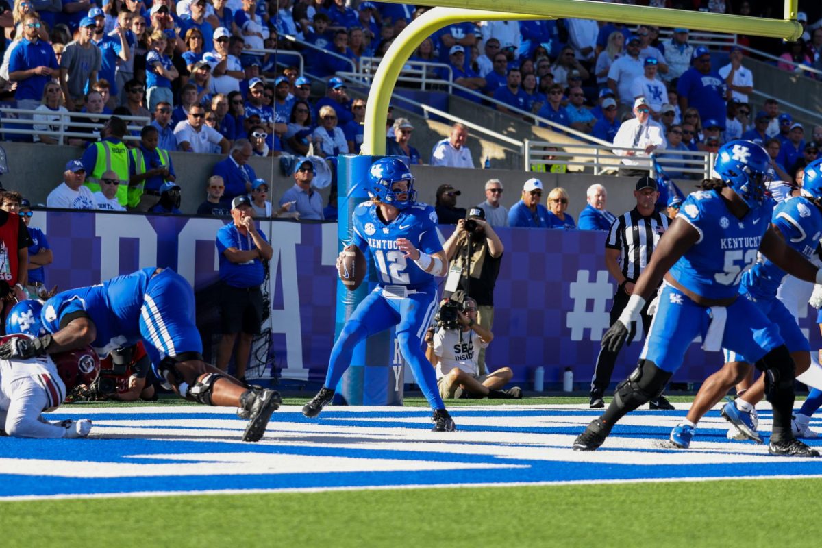 Kentucky quarterback Brock Vandargriff looks to throw the ball during the Kentucky vs Southern Carolina football game on Saturday, Sept. 7, 2024, at Kroger Field in Lexington Kentucky. Kentucky lost 31-6. Photo by Sydney Yonker | Staff