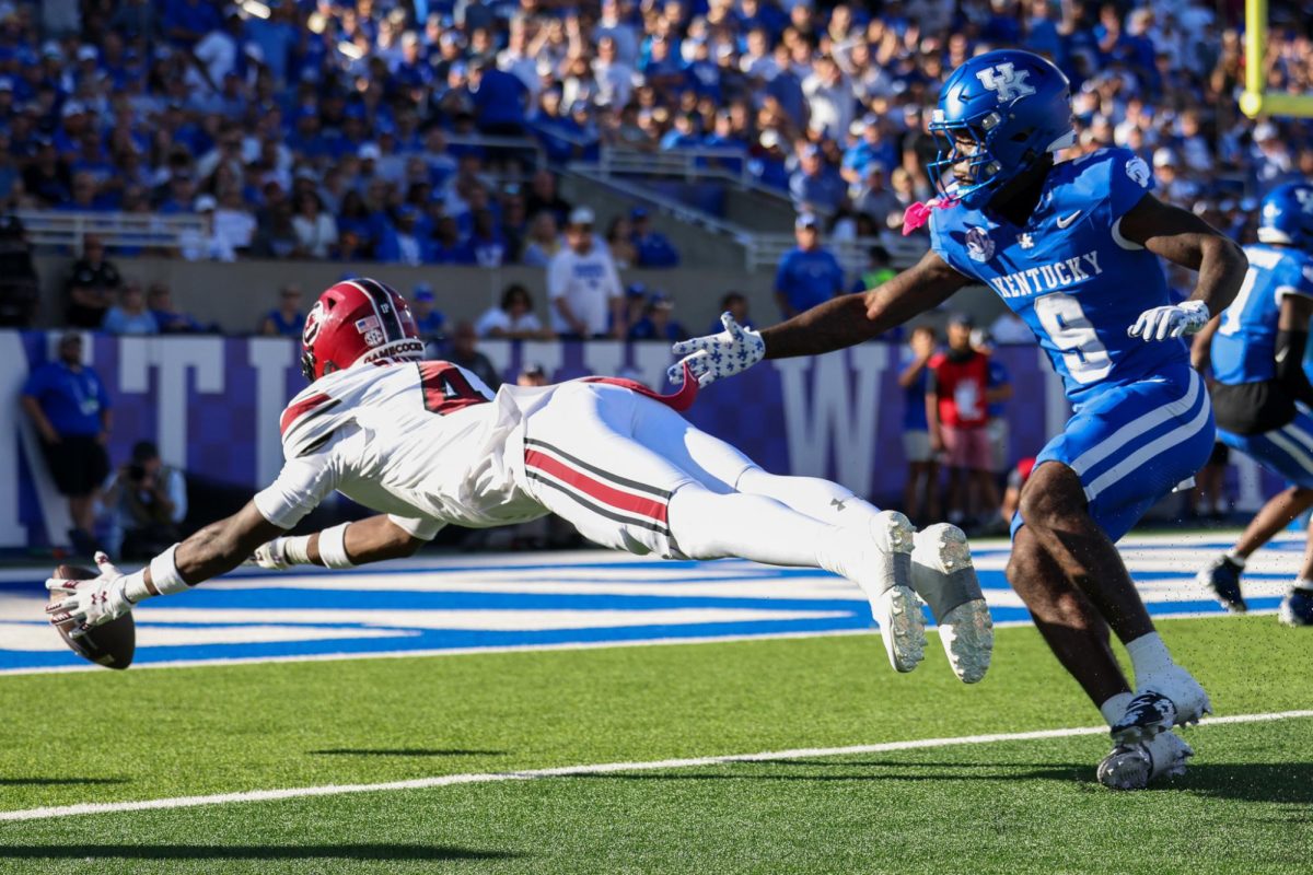 Kentucky defensive back Jonquis “JQ” Hardaway goes after the ball during the Kentucky vs Southern Carolina football game on Saturday, Sept. 7, 2024, at Kroger Field in Lexington Kentucky. Kentucky lost 31-6. Photo by Sydney Yonker | Staff