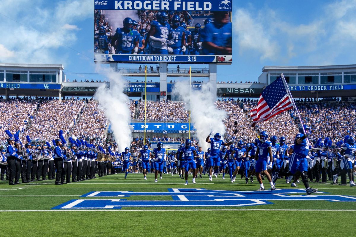 Kentucky football team runs out of the tunnel during the Kentucky vs Southern Carolina football game on Saturday, Sept. 7, 2024, at Kroger Field in Lexington Kentucky. Kentucky lost 31-6. Photo by Sydney Yonker | Staff