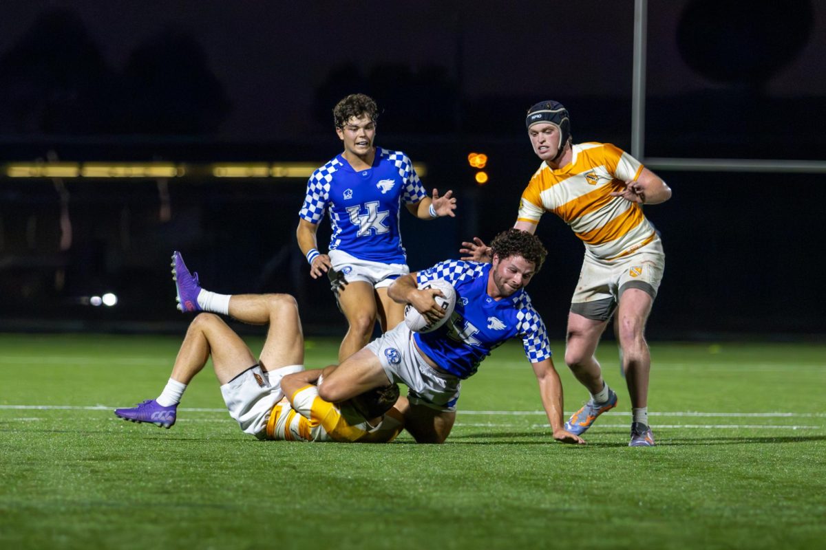 Kentucky player gets tackled during the Kentucky vs Tennessee Men's Rugby Club game on Friday, Oct. 4, 2024, at the William H. Pieratt Fields in Lexington, Kentucky. Kentucky Won 42-25. Photo by Sydney Novack | Staff
