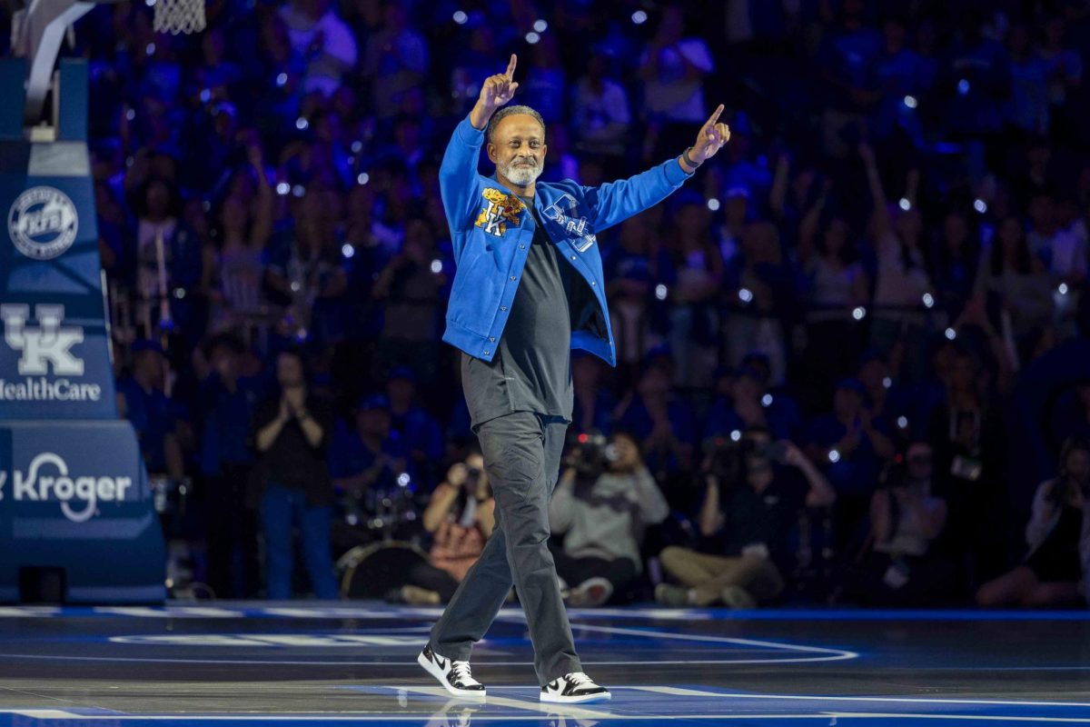 Kentucky Women’s Basketball head coach Kenny Brooks waves to the crowd during Big Blue Madness on Friday, Oct. 11, 2024, at Rupp Arena in Lexington, Kentucky. Photo by Matthew Mueller | Staff