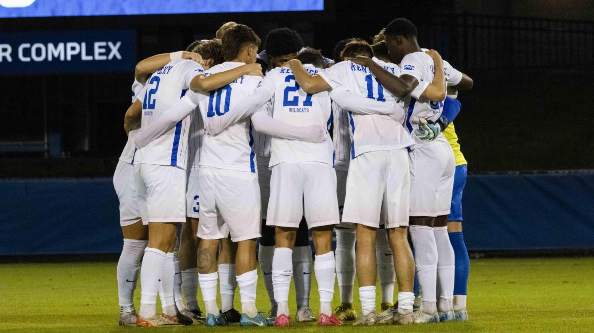 Kentucky soccer huddles together before the Kentucky vs Bradley Men’s Soccer game on Tuesday, Oct. 15, 2024, at the Wendell and Vickie Bell Soccer Complex in Lexington, Kentucky. Kentucky and Bradley tied 2-2. Photo by Annie Alvarez | Staff