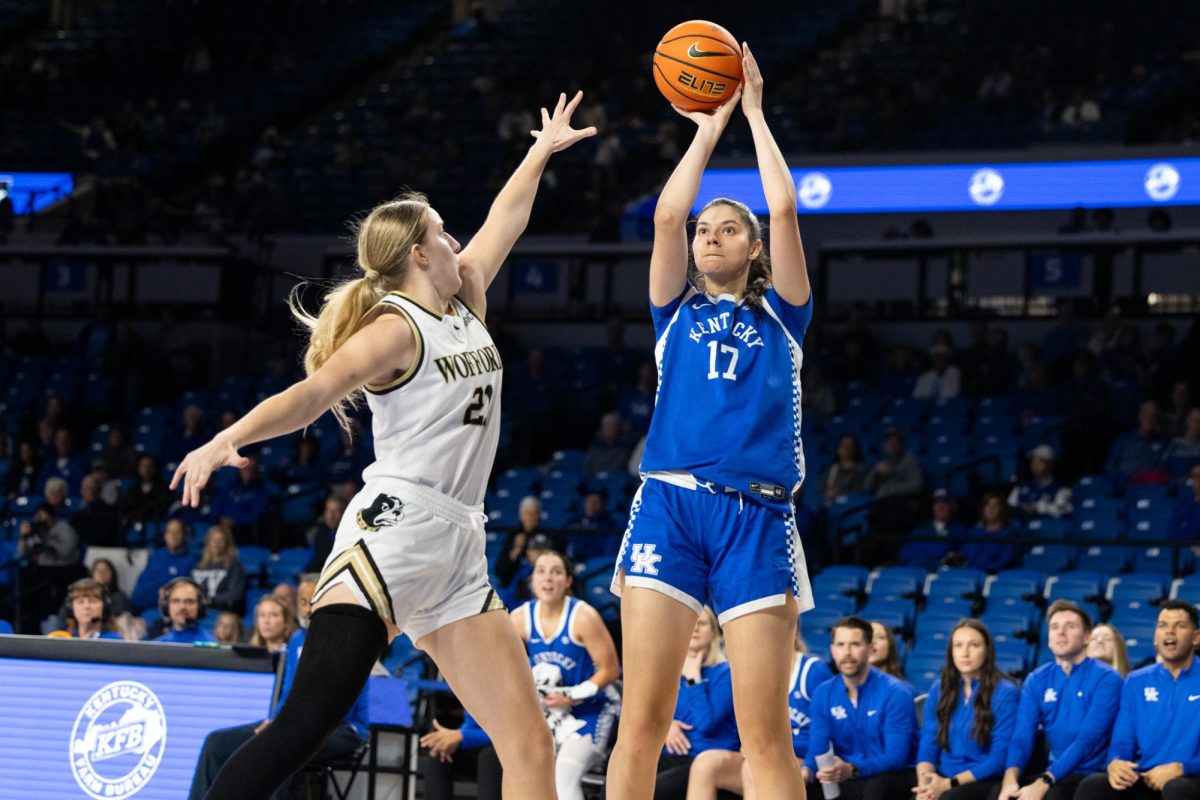 Kentucky Wildcats center Clara Silva (17) shoots the ball during the Kentucky vs. Wofford women’s basketball game on Tuesday, Nov. 12, 2024, at Historical Memorial Coliseum in Lexington, Kentucky. Kentucky won 76-42. Photo by Sydney Yonker | Staff