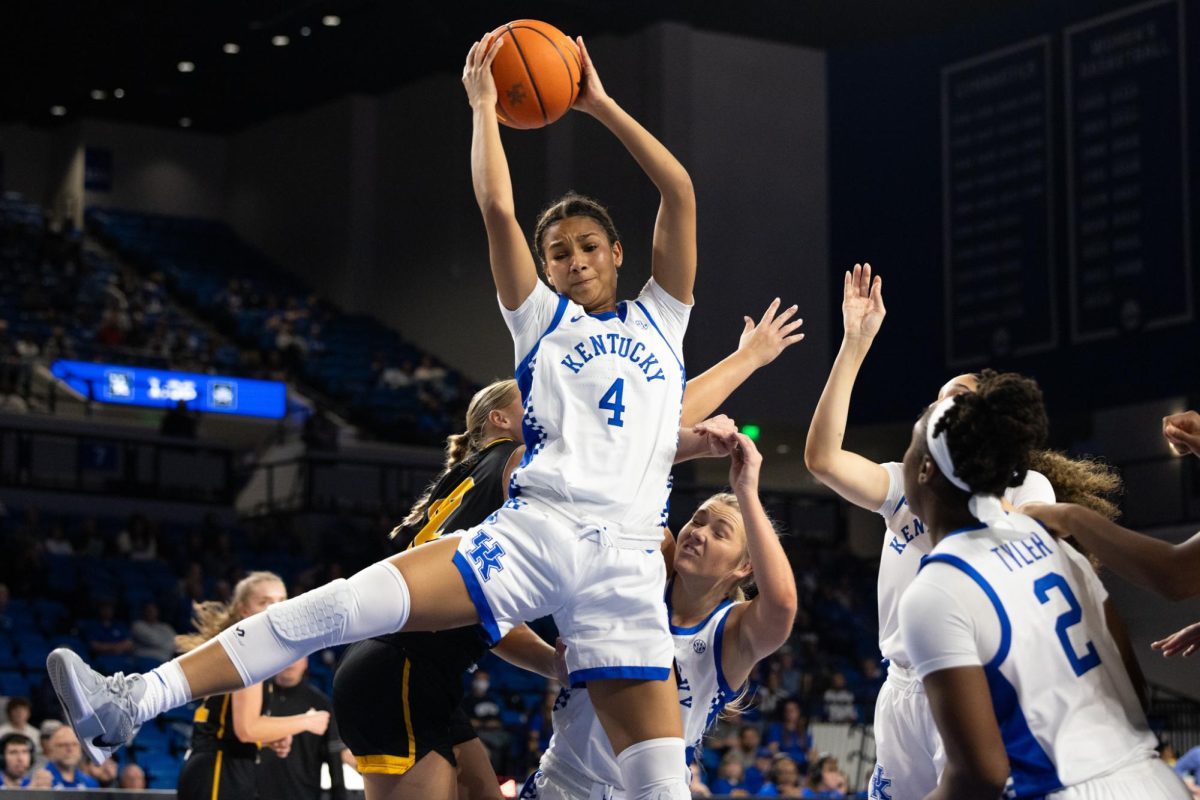 Kentucky guard Lexi Blue gets a rebound during the Kentucky vs Northen Kentucky women’s basketball game on Thursday, Nov. 7, 2024, at Historical Memorial Coliseum in Lexington, Kentucky. Kentucky won 70-41. Photo by Sydney Yonker | Staff