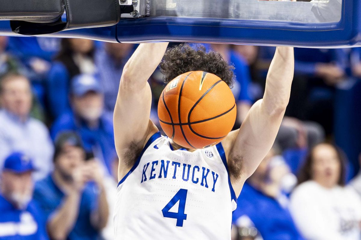 Kentucky Wildcats guard Koby Brea (4) dunks the ball during the basketball game vs. Brown on Tuesday, Dec. 31, 2024, at Rupp Arena in Lexington, Kentucky won 88-54. Photo by Matthew Mueller | Photo Editor