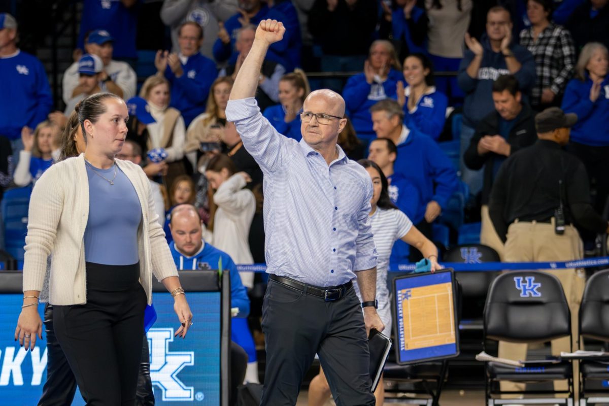 Kentucky wildcats head coach Craig Skinner celebrates after the win during the Kentucky vs. Minnesota volleyball game on Friday, Dec. 6, 2024, at Historical Memorial Coliseum in Lexington, Kentucky. Kentucky won 3-1. Photo by Sydney Novack | Staff