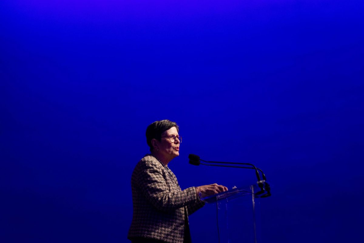 Lexington Mayor Linda Gorton speaks to the crowd after the Martin Luther King Jr. Day Freedom March on Monday, Jan. 20, 2025, in downtown Lexington, Kentucky. Photo by Matthew Mueller | Photo Editor