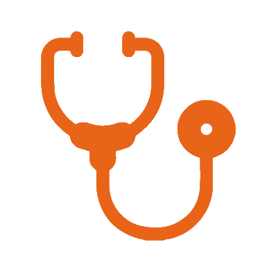 Icon image of a stethoscope. Color of icon is orange.