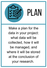 Plan: Make a plan for the data in your project: what data will be collected, how it will be managed, and where it will be stored at the conclusion of your research. 