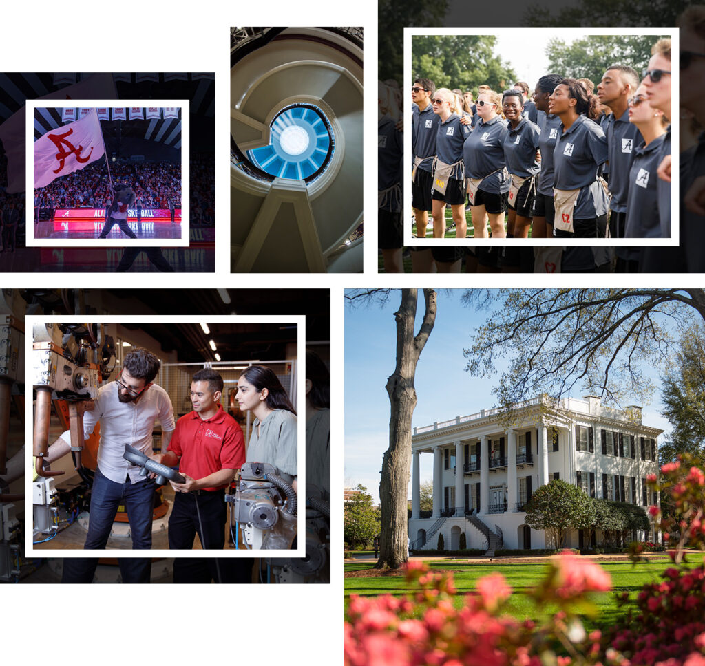 collage of images showing the grounds and students of the university of alabama