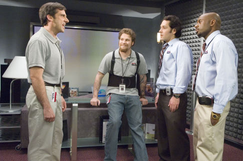 Steve Carell, Romany Malco, Seth Rogen, and Paul Rudd in The 40-Year-Old Virgin (2005)