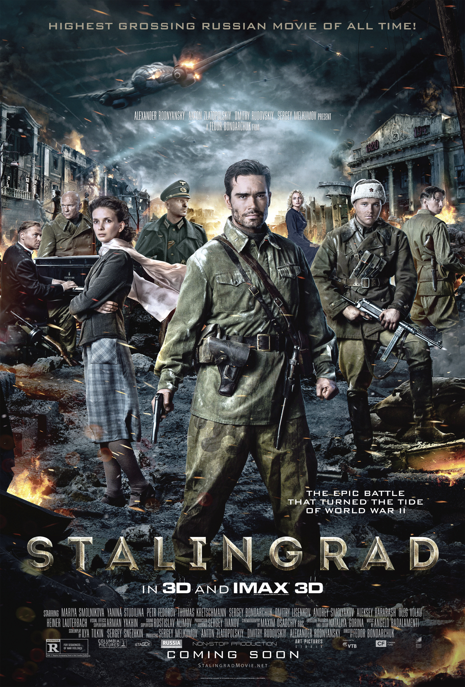 Thomas Kretschmann, Heiner Lauterbach, Andrey Smolyakov, Aleksey Barabash, Pyotr Fyodorov, Dmitriy Lysenkov, Yanina Studilina, Mariya Smolnikova, and Sergey Bondarchuk in Stalingrad (2013)