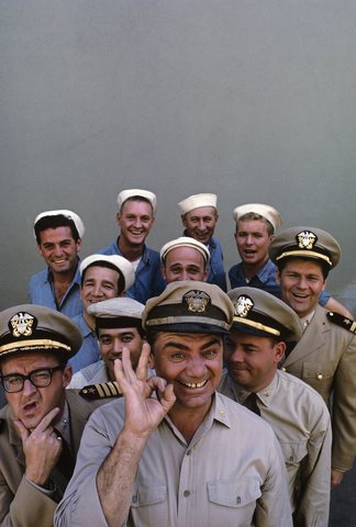 "McHale's Navy" (back row, left to right) Edson Stroll, John Wright, Carl Ballantine, Gary Vinson (middle row, left to right) Billy Sands, Gavin MacLeod, Bob Hastings (front row, left to right) Joe Flynn, Yoshio Yoda, Ernest Borgnine, Tim Conway