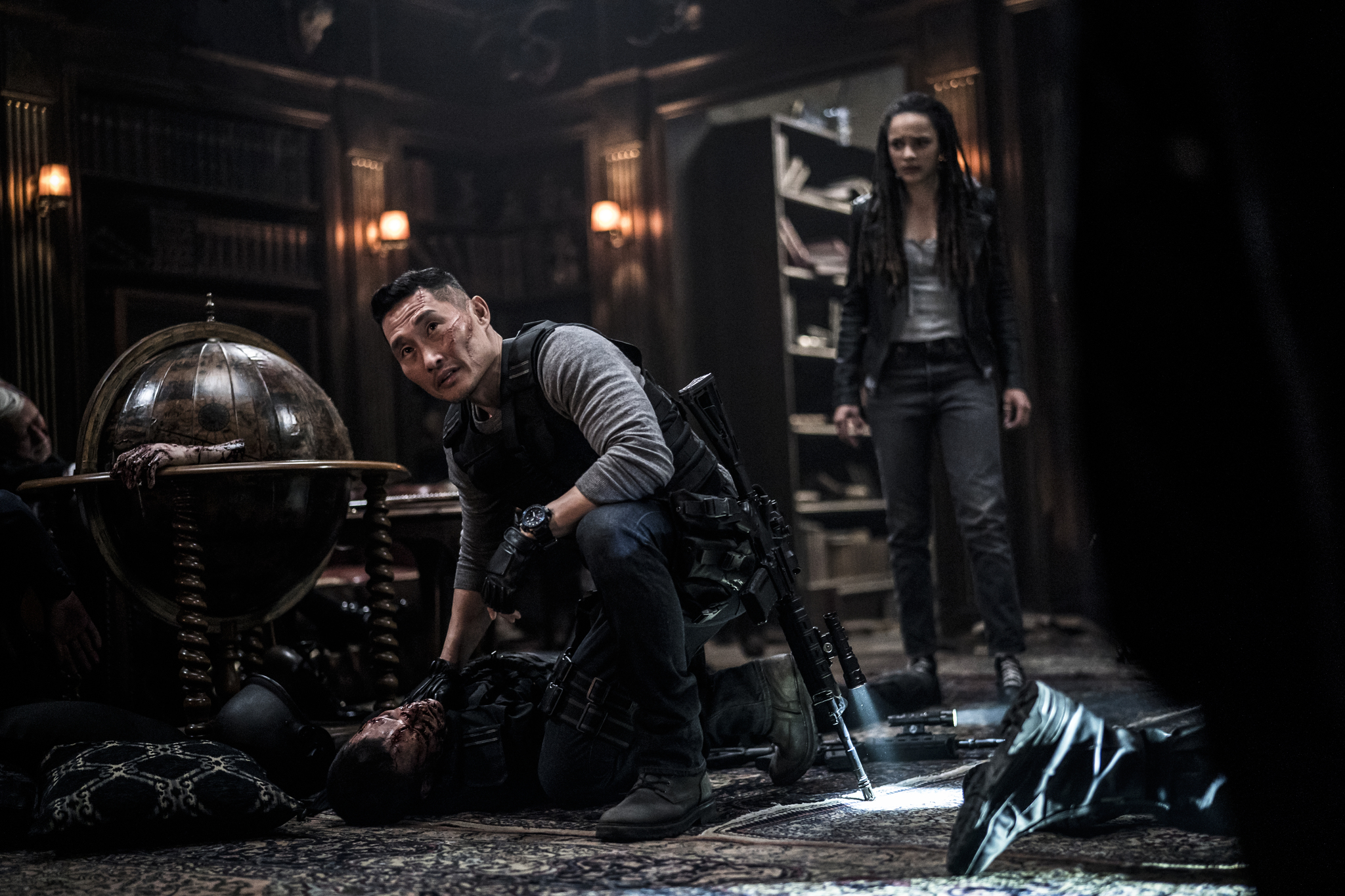 Daniel Dae Kim and Sasha Lane in Hellboy (2019)