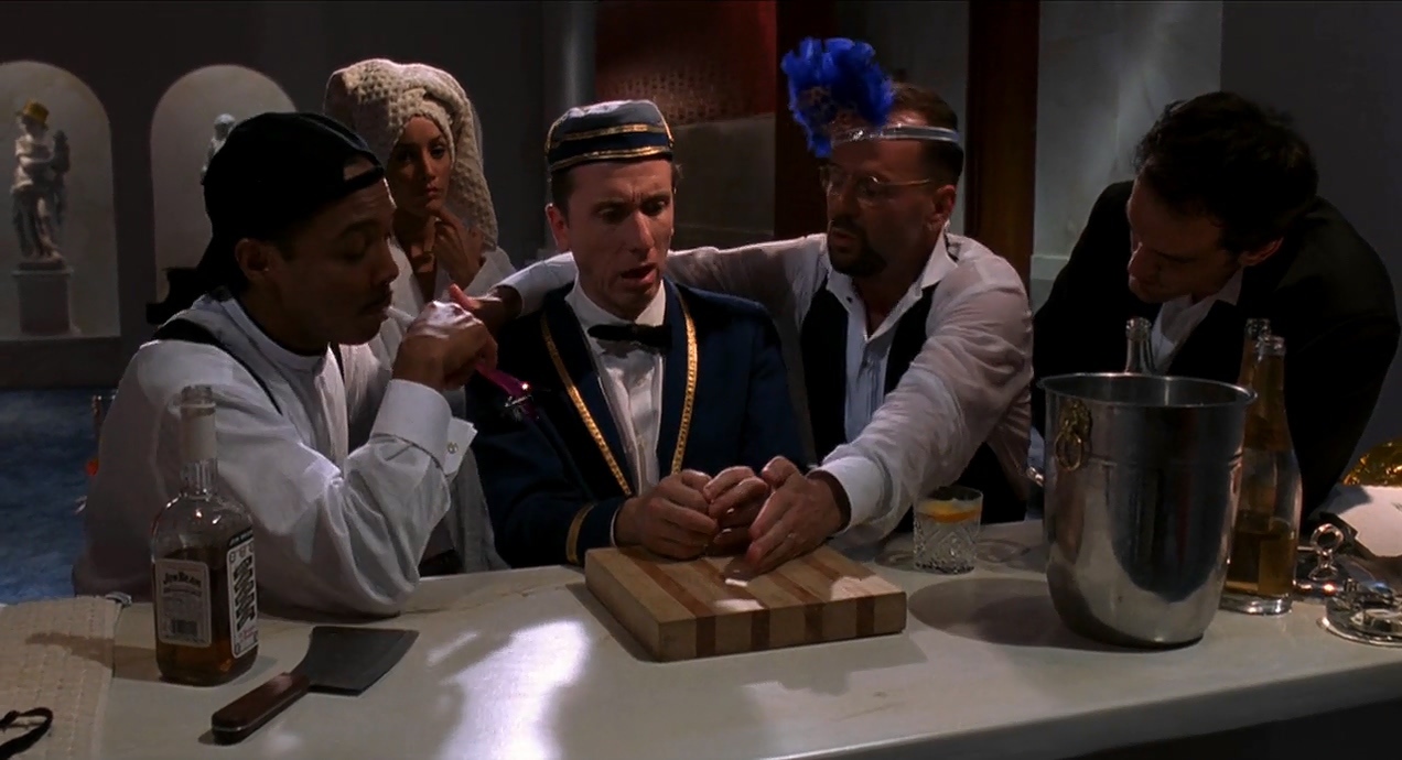 Quentin Tarantino, Bruce Willis, Tim Roth, Jennifer Beals, and Paul Calderon in Four Rooms (1995)